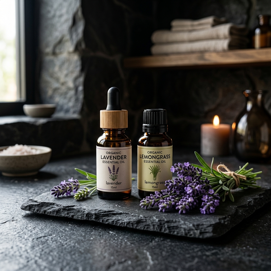 Lavender and lemongrass organic essential oils in a dark stone sanctuary setting