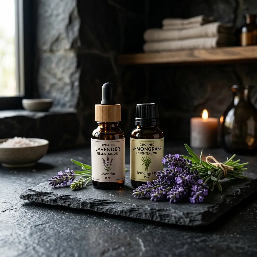Lavender and lemongrass organic essential oils in a dark stone sanctuary setting