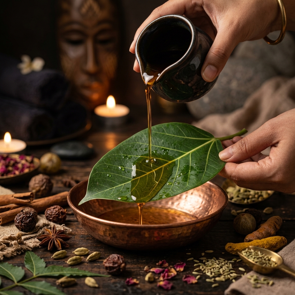 Ayurvedic herb-infused oils and stones used for stress relief massage therapy