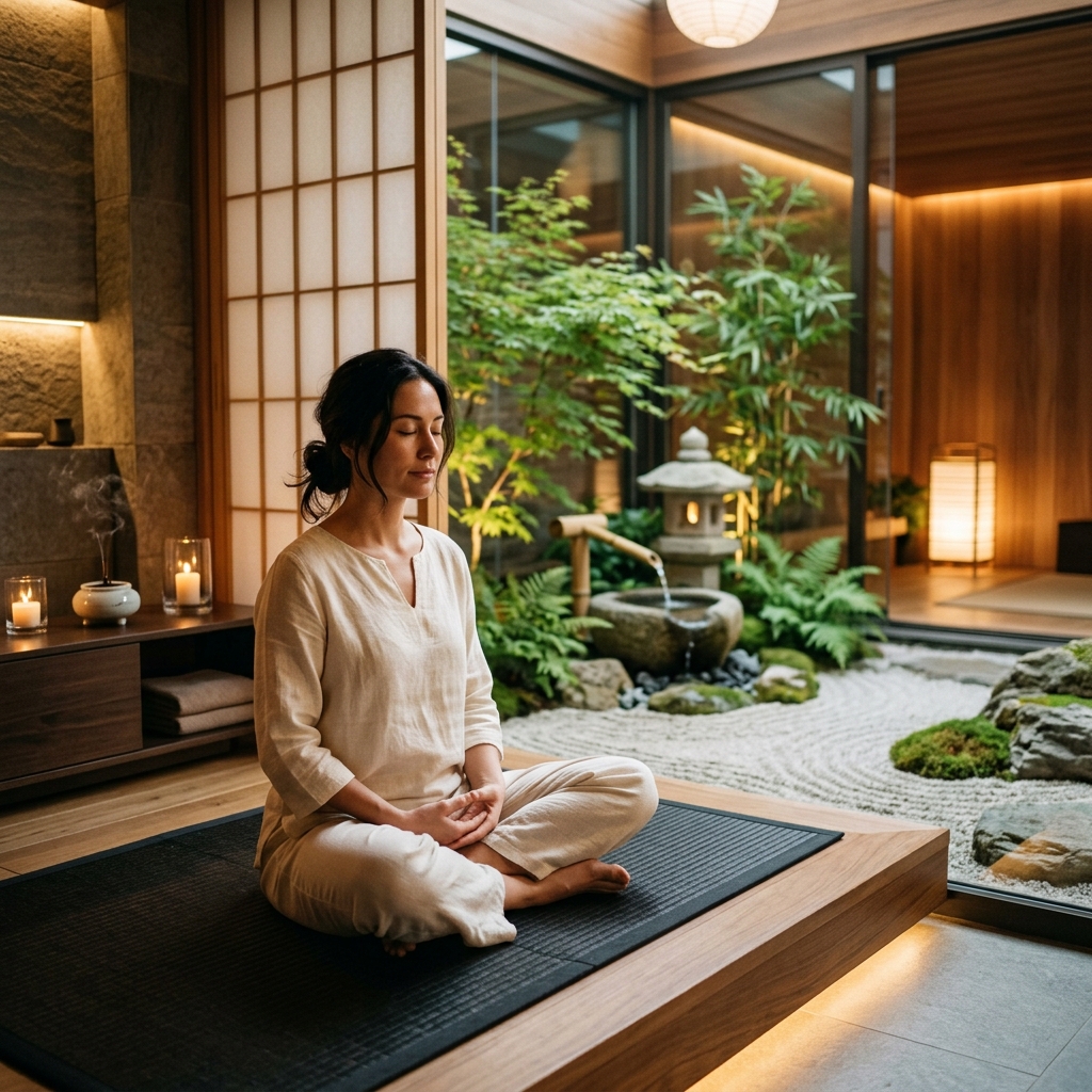 A serene practitioner meditating in a spa sanctuary under warm lighting