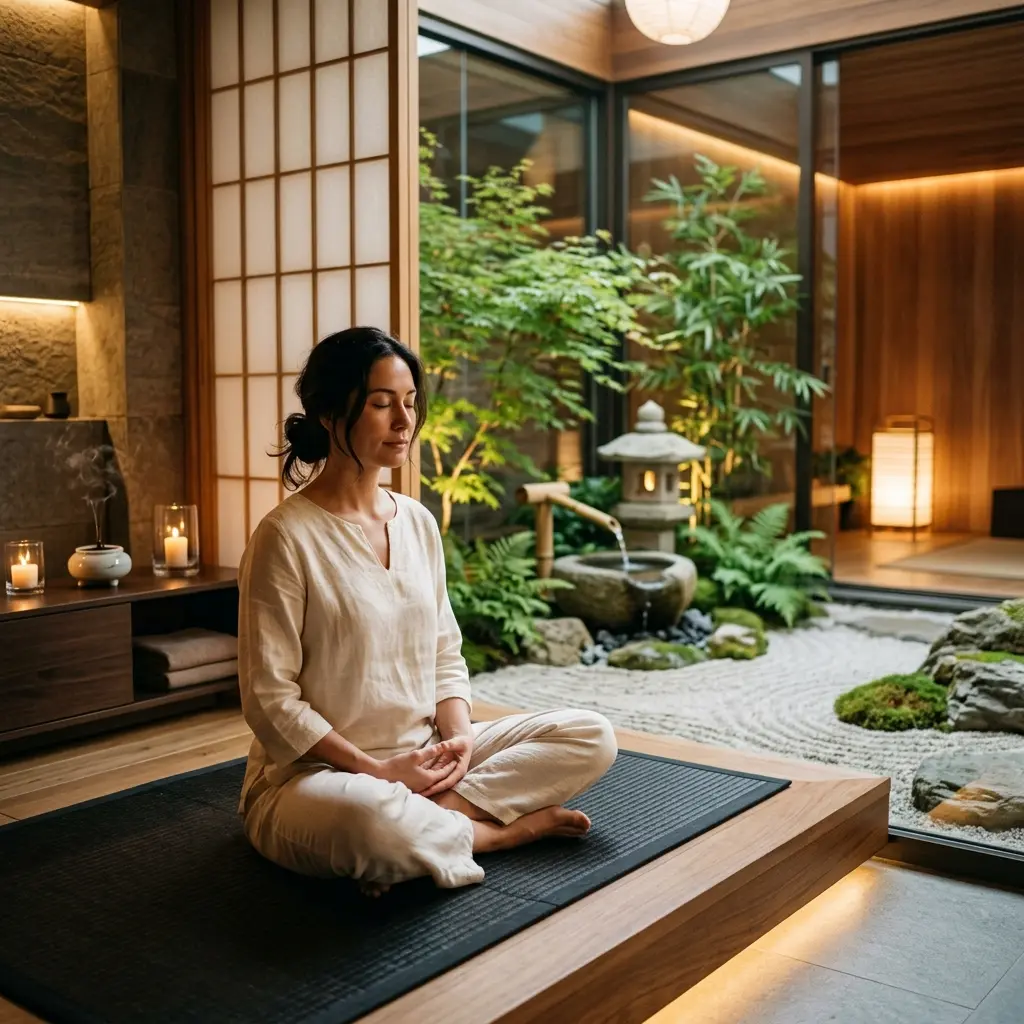 A serene practitioner meditating in a spa sanctuary under warm lighting