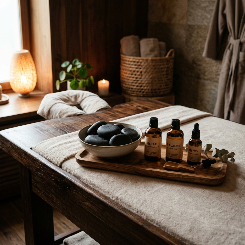 Basalt stones and essential oils prepared on a massage table for deep tissue relaxation