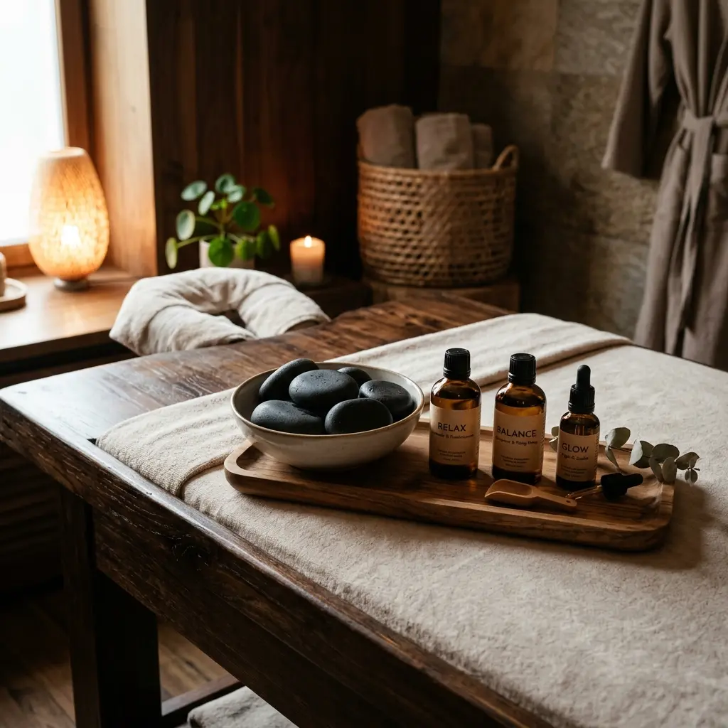 Basalt stones and essential oils prepared on a massage table for deep tissue relaxation