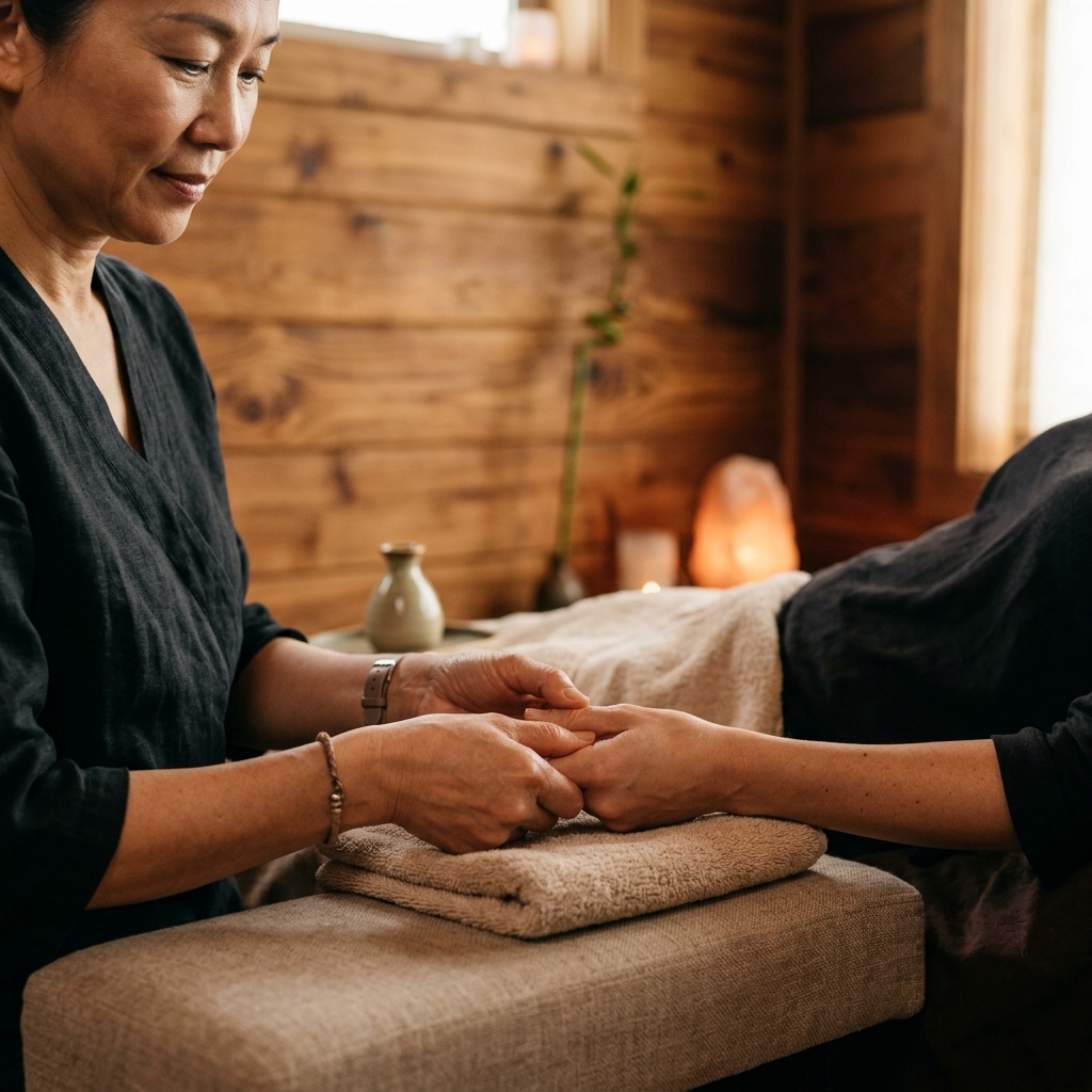 Therapist doing acupressure finger work during a professional shiatsu massage