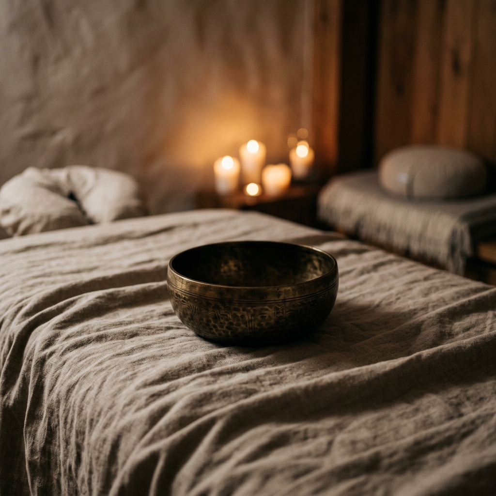 A handmade Tibetan singing bowl on a luxury linen sheet in a quiet therapy room