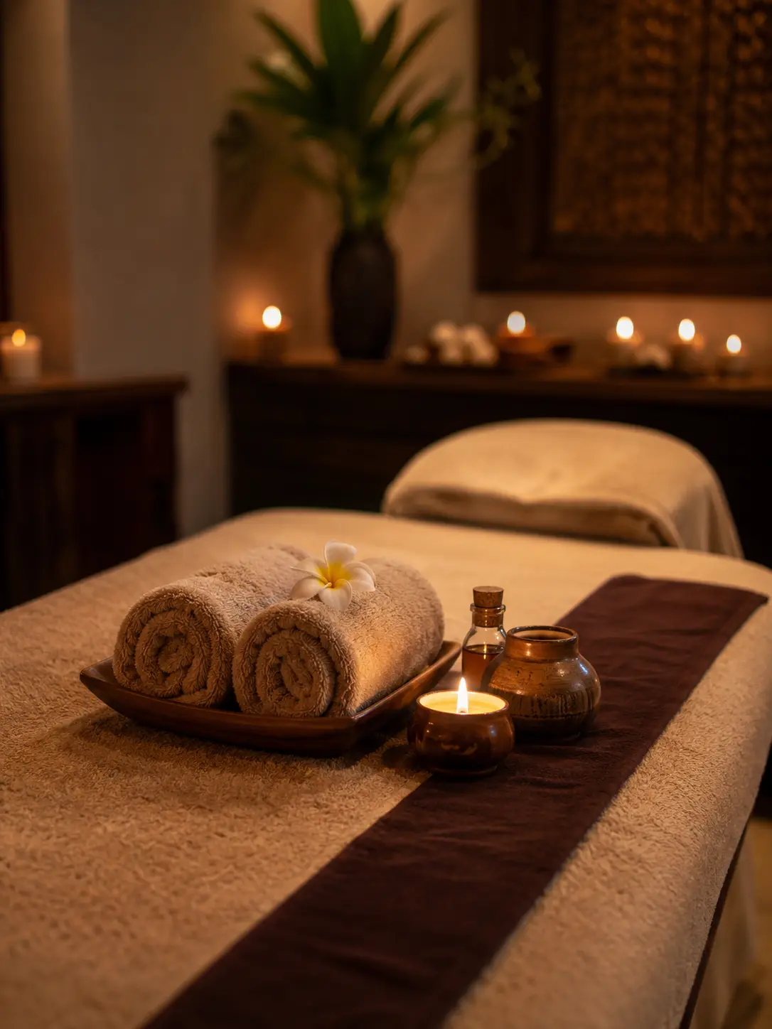 Serene luxury spa ambience showing warm candlelight and treatment rooms